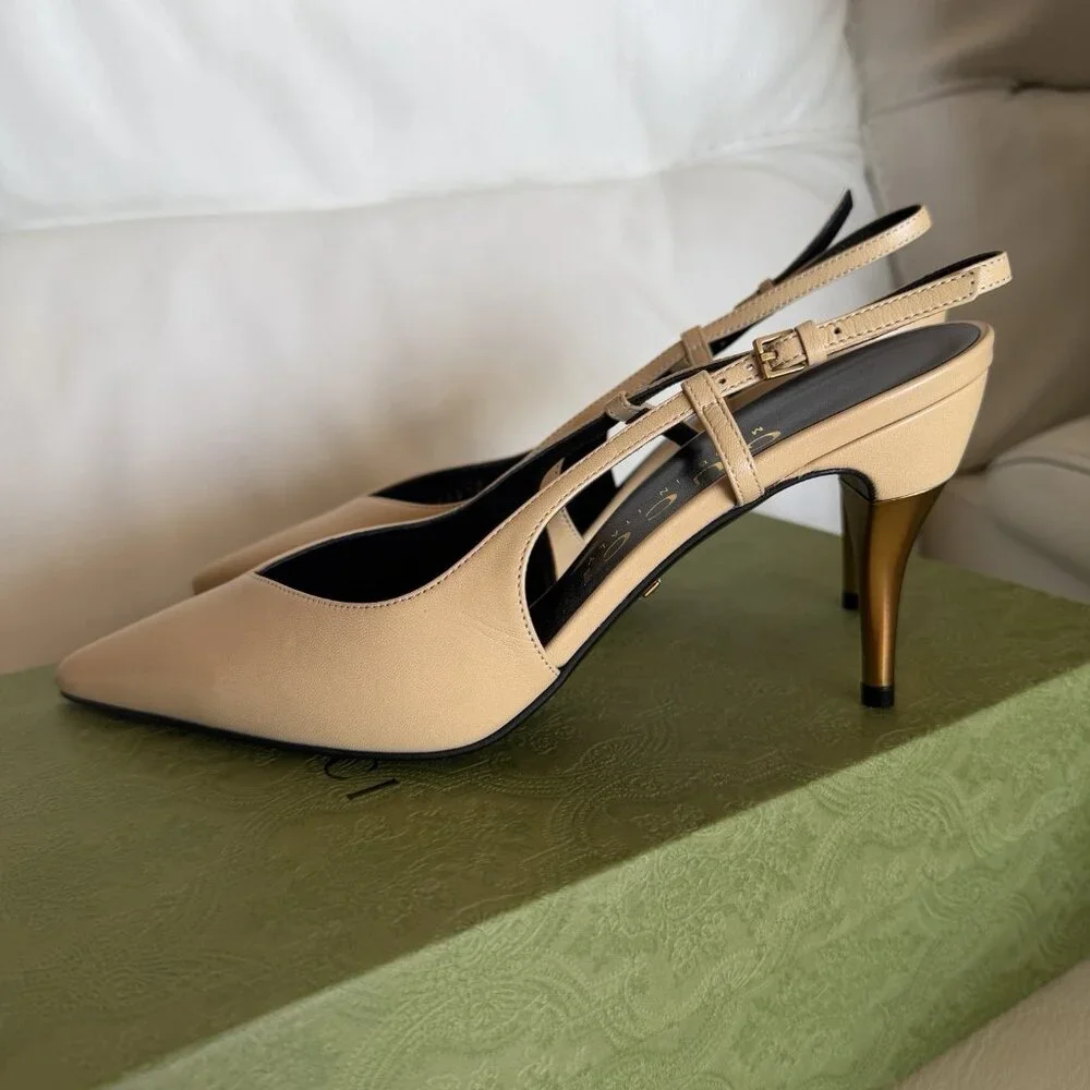 NEW Gucci Metal Heel Slingback Pumps Sz 37.5 100% Authentic Nude - Picture 5 of 10